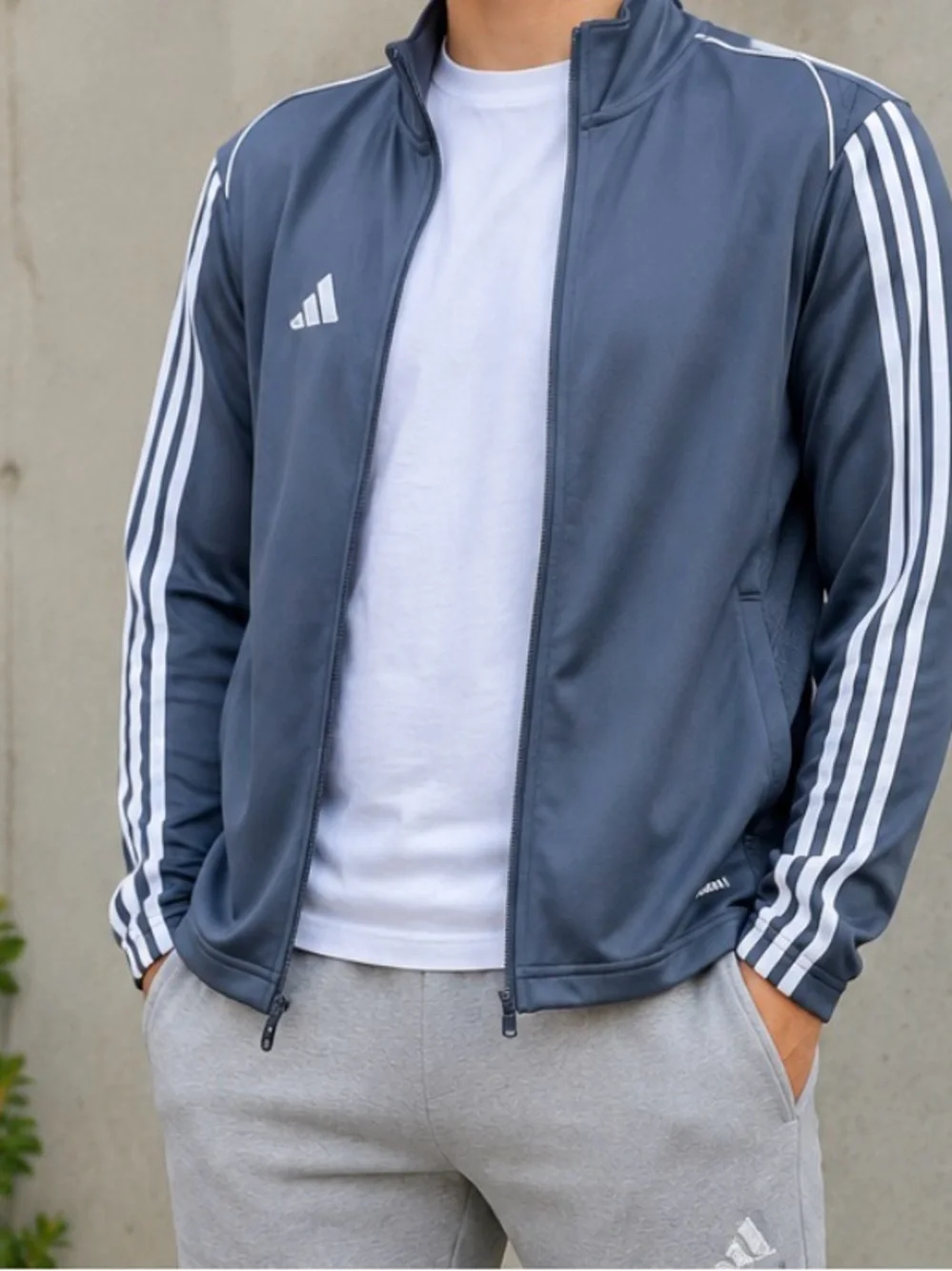 Adidas Slim Fit Blue-Gray Track Jacket with White Three-Stripes